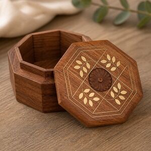 Indian Rosewood Octagonal Wood Trinket Box Brass Inlay Floral Carved India 4in